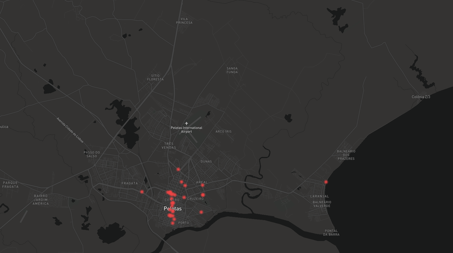 Pins on the map of Pelotas with lancherias locations