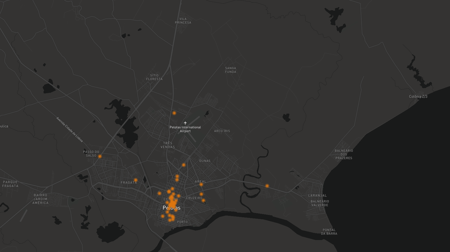 Pins on the map of Pelotas with cafés locations