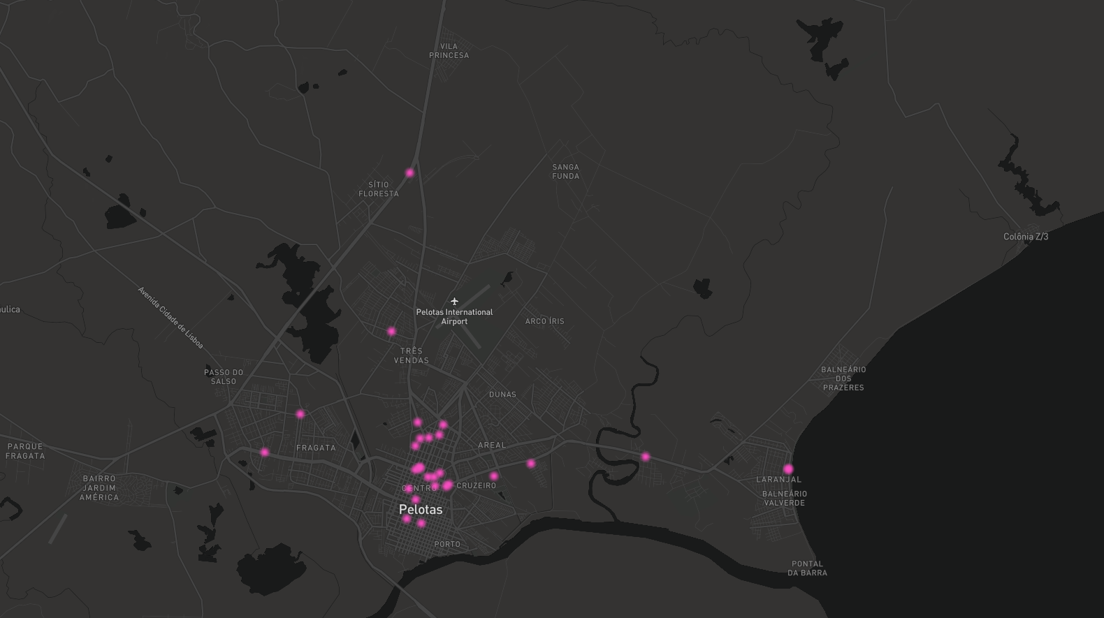 Pins on the map of Pelotas with steakhouses locations