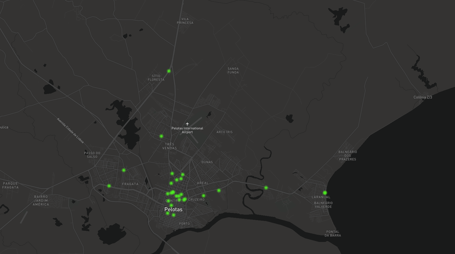 Pins on the map of Pelotas with pizza places locations