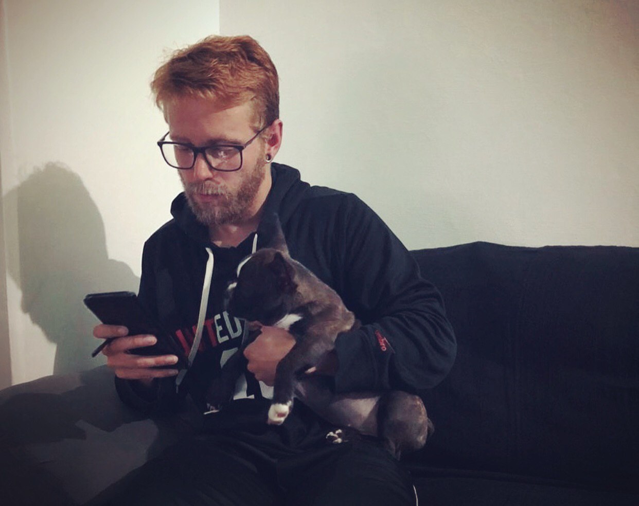 Photo of me and my dog on the sofa ordering food.